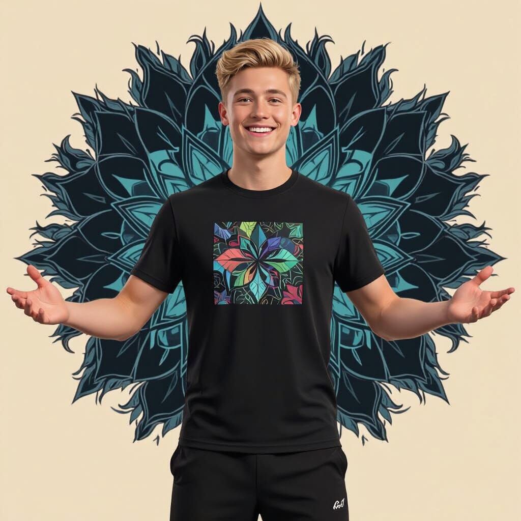 Young Man in Black T-Shirt with Abstract Logo