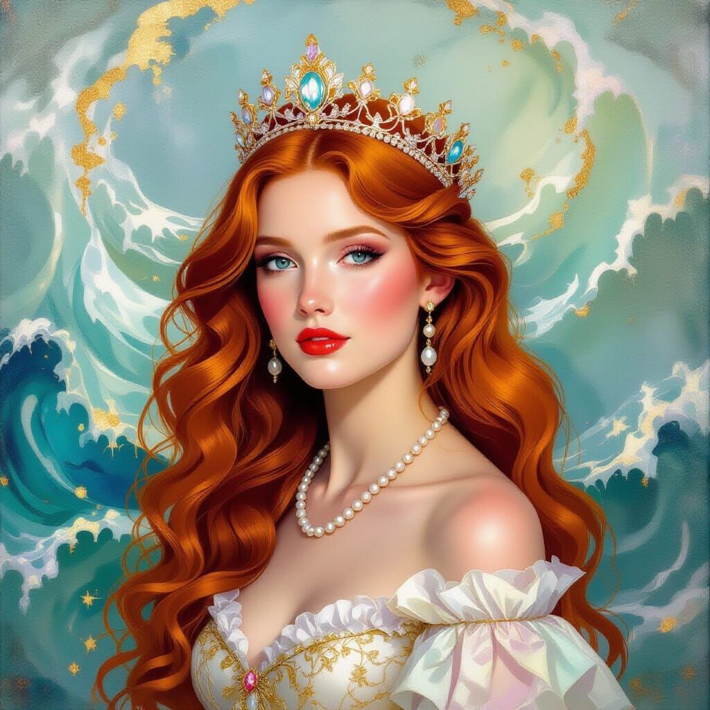 Rococo Woman with Pearl Crown in Metamodern Style