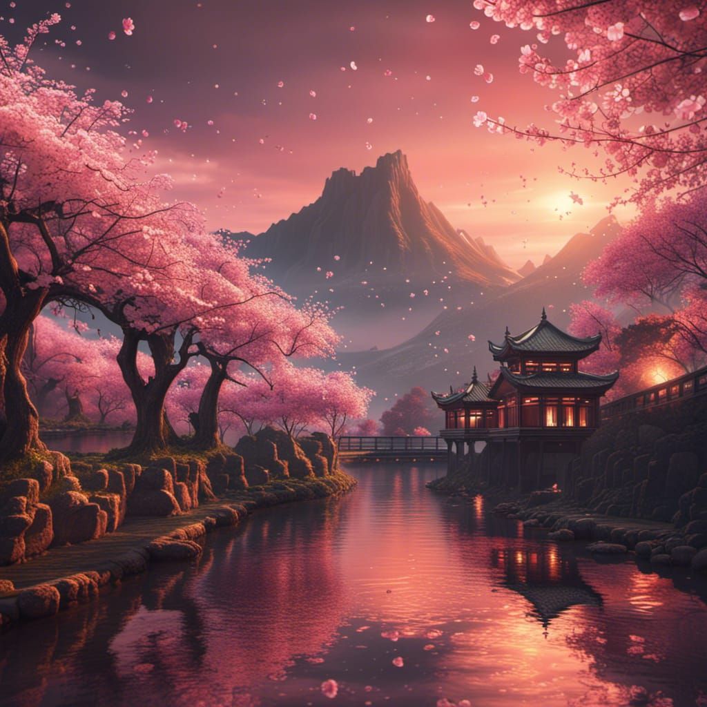 Cherry Blossoms at Sunset: Fantasy Concept Art