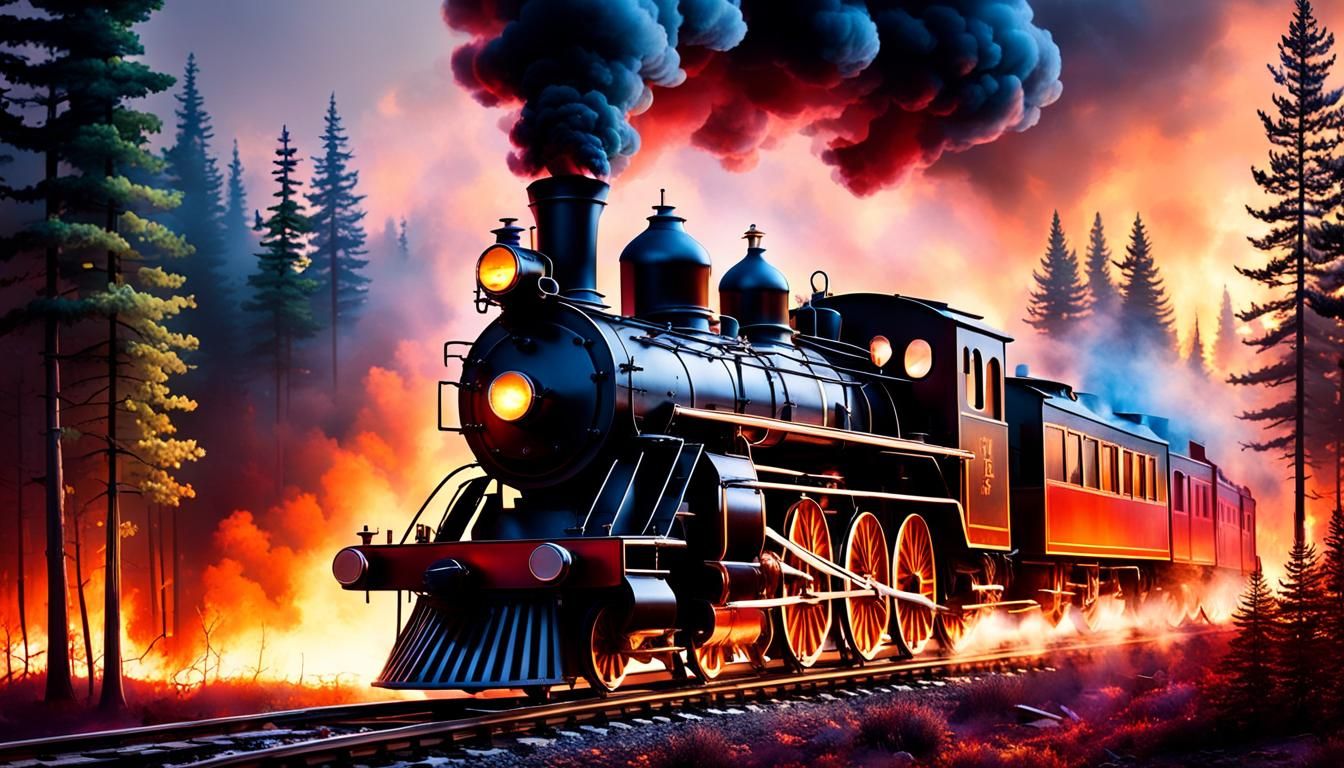 Fiery Steam Train in a Magical Forest