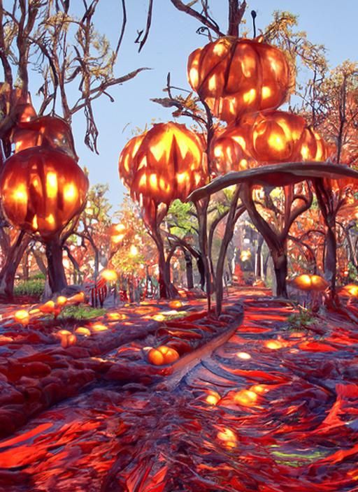 Glowing Pumpkin Path Through Autumnal Forest