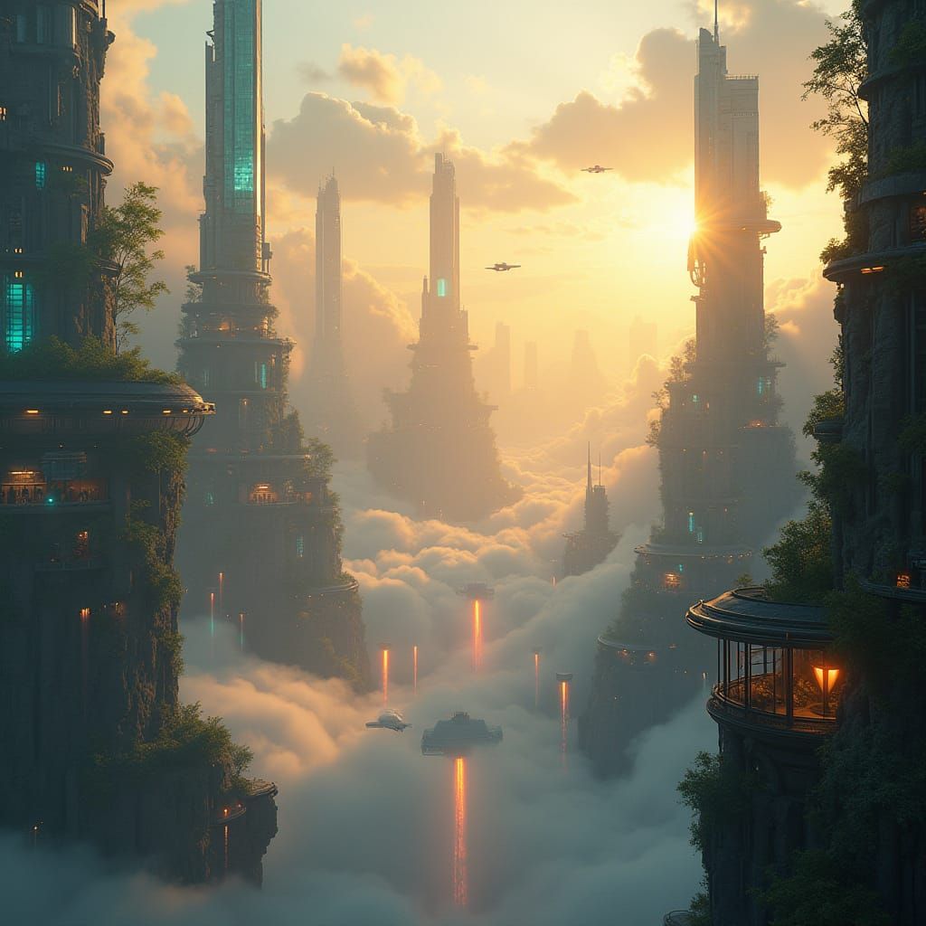 Futuristic Floating City Above Clouds | Golden Sunlight & Ne...
