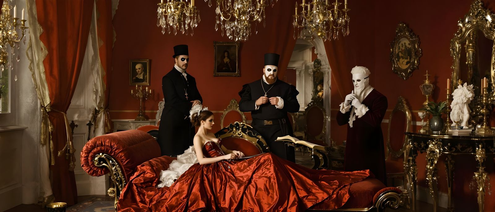 Rococo Salon Scene with Masked Characters