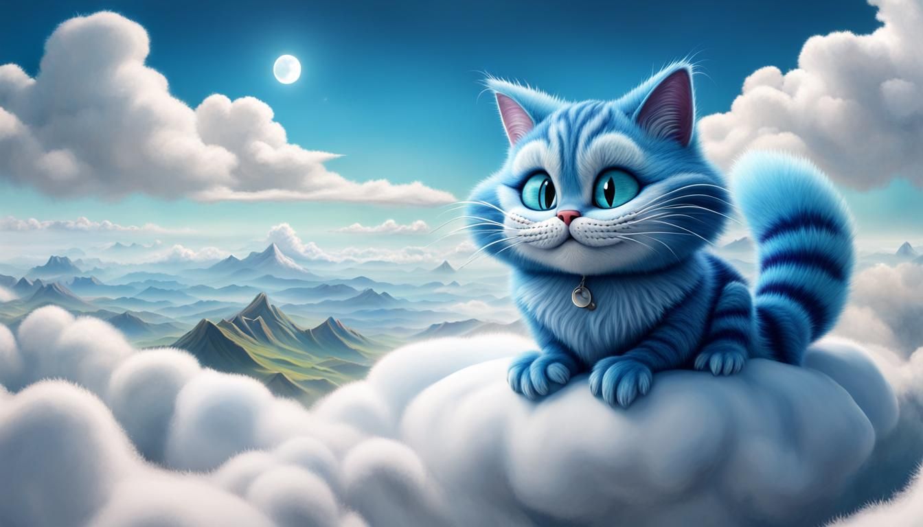 Whimsical Blue Cat Sits on a Fluffy White Cloud