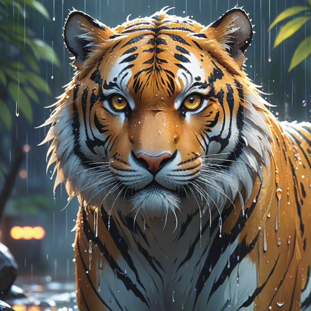 Tiger in Rain: 3D Anime Art with Bokeh