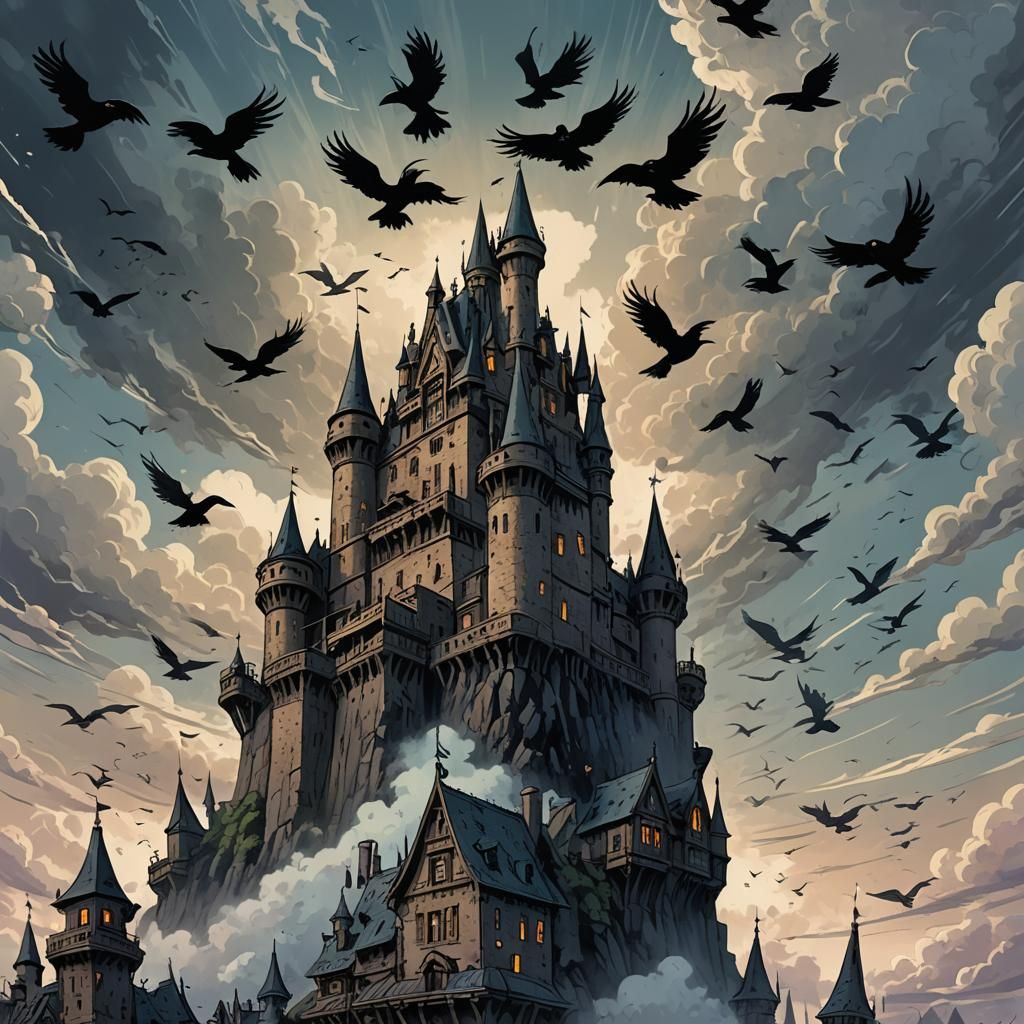 Ravens Circling Sky Castle in Retro D&D Style