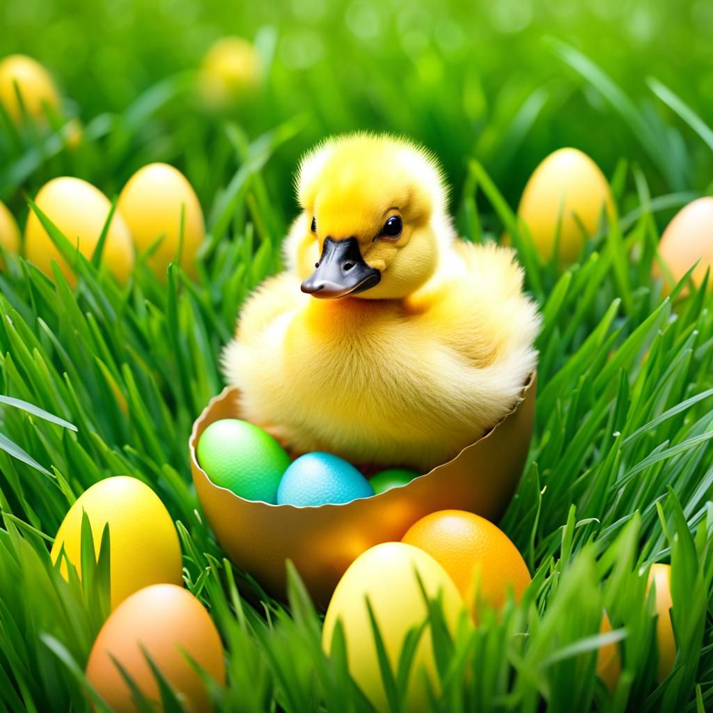 Duckling Hatching from Easter Egg on Grass