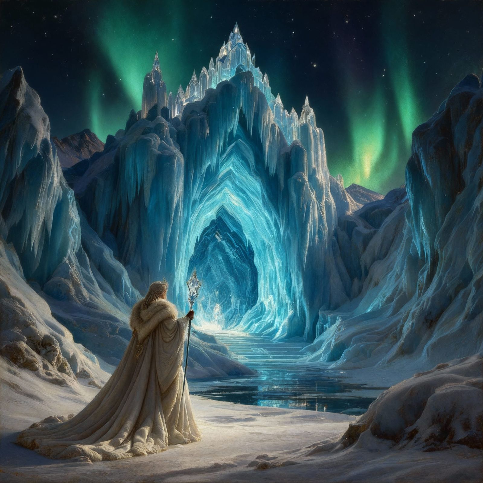 Majestic Ice Palace with Winter Queen Under Aurora Borealis