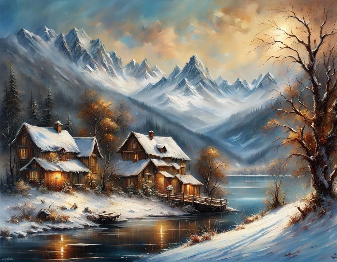 Winter Village Oil Painting in Ultra HD