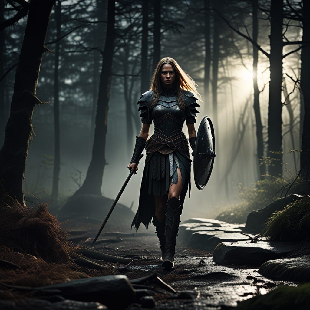 Amazon Warrior Princess in a Haunting, Expressionist Landsca...