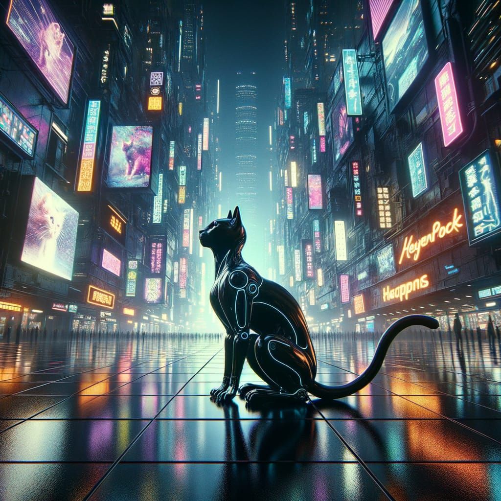 Cybernetic Cat in Neon Cityscape