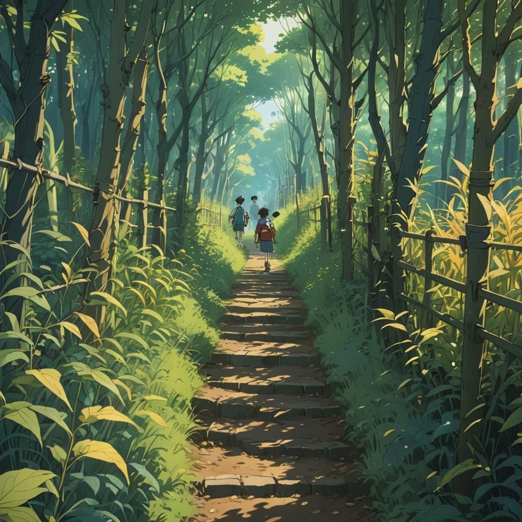 Anime Scene of Overgrown Fence in Ghibli Style