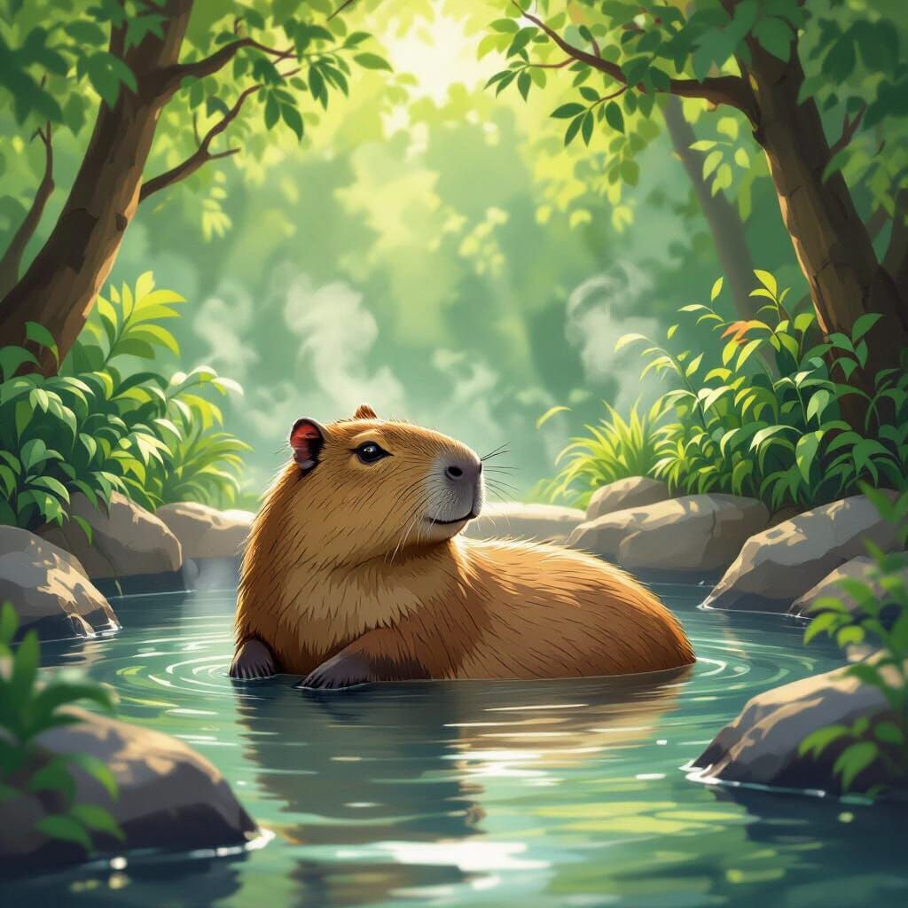 Capybara Relaxing in Sun-Dappled Hot Spring