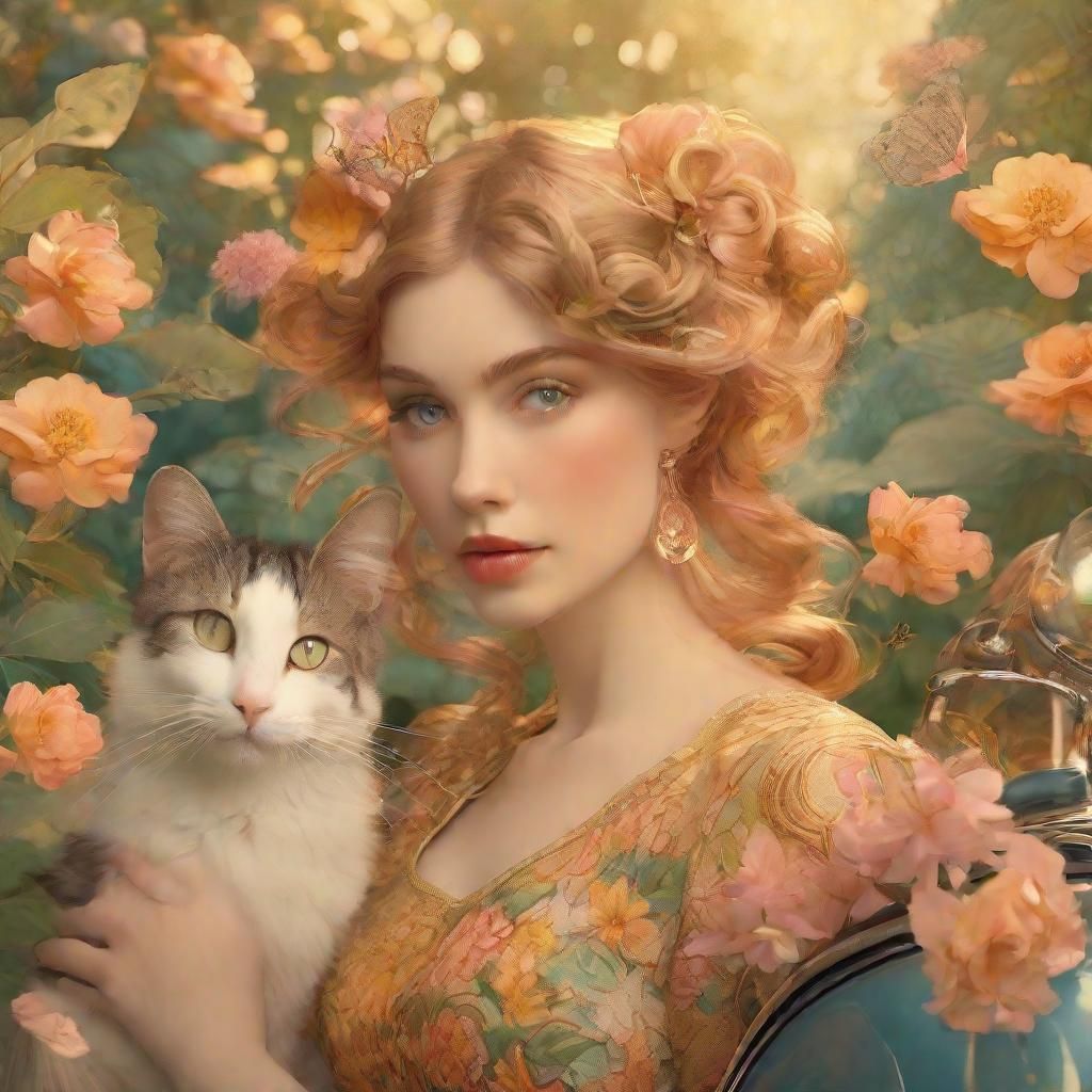 Art Nouveau Fairy with Cat and Motorcycle