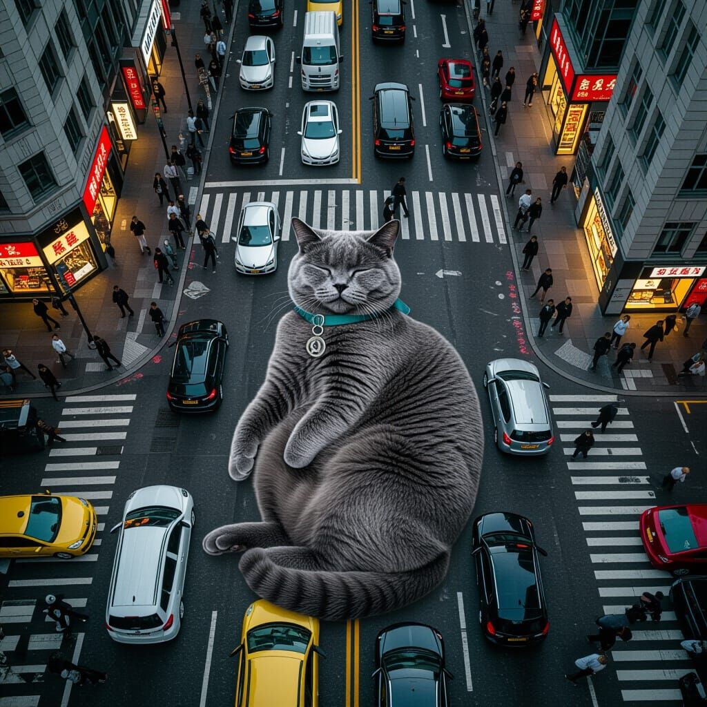 Giant Cat Nap Halts Metropolis in Photorealistic Style