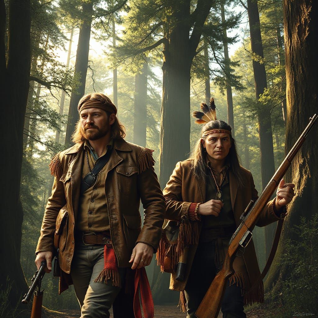 Frontiersmen in Forest, Hyperrealistic Digital Art