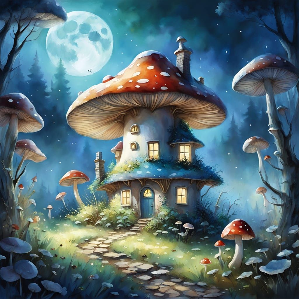 Whimsical Watercolour Mushroom House in Moonlit Meadow