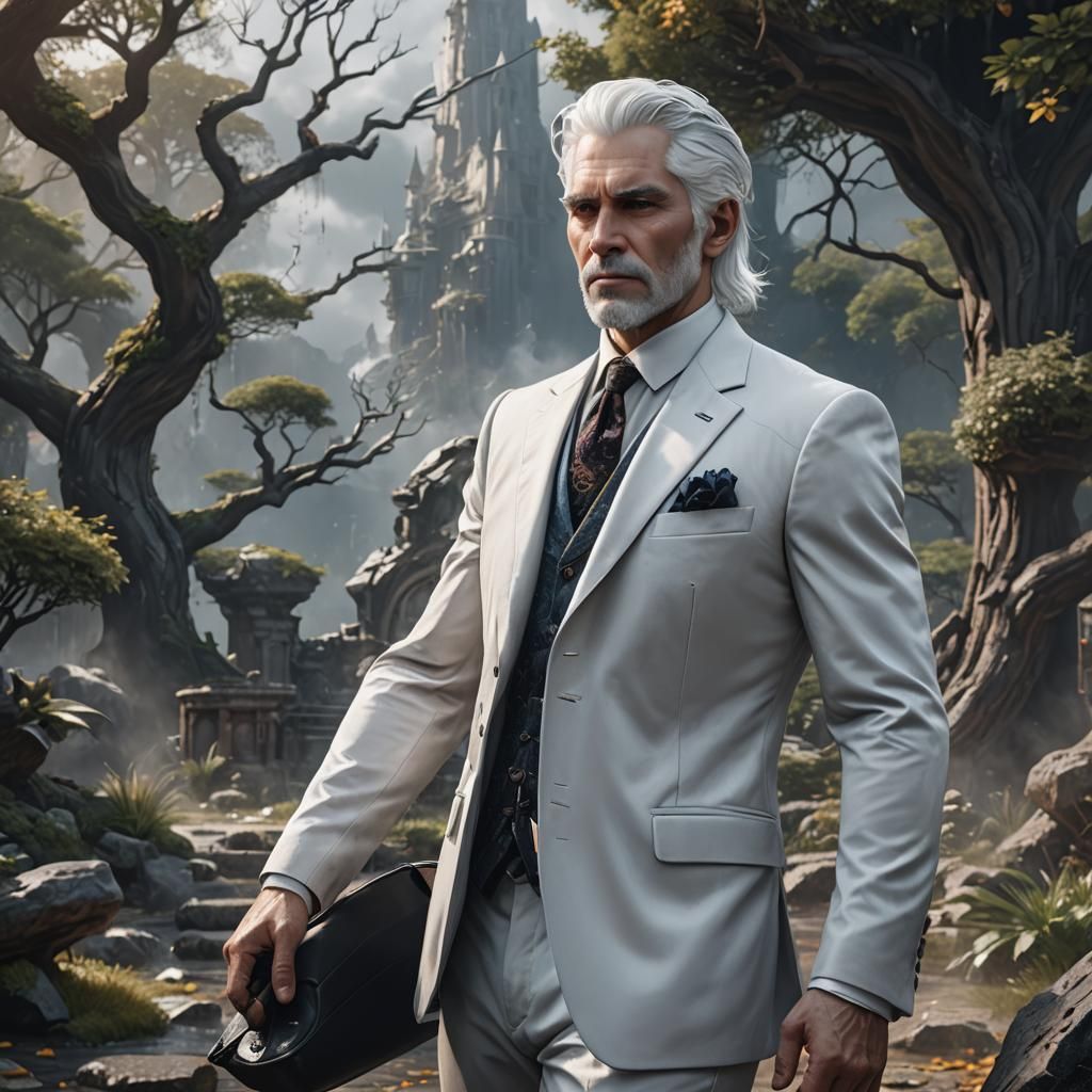 Elegant White-Haired Man in Suit: Fantasy Concept Art