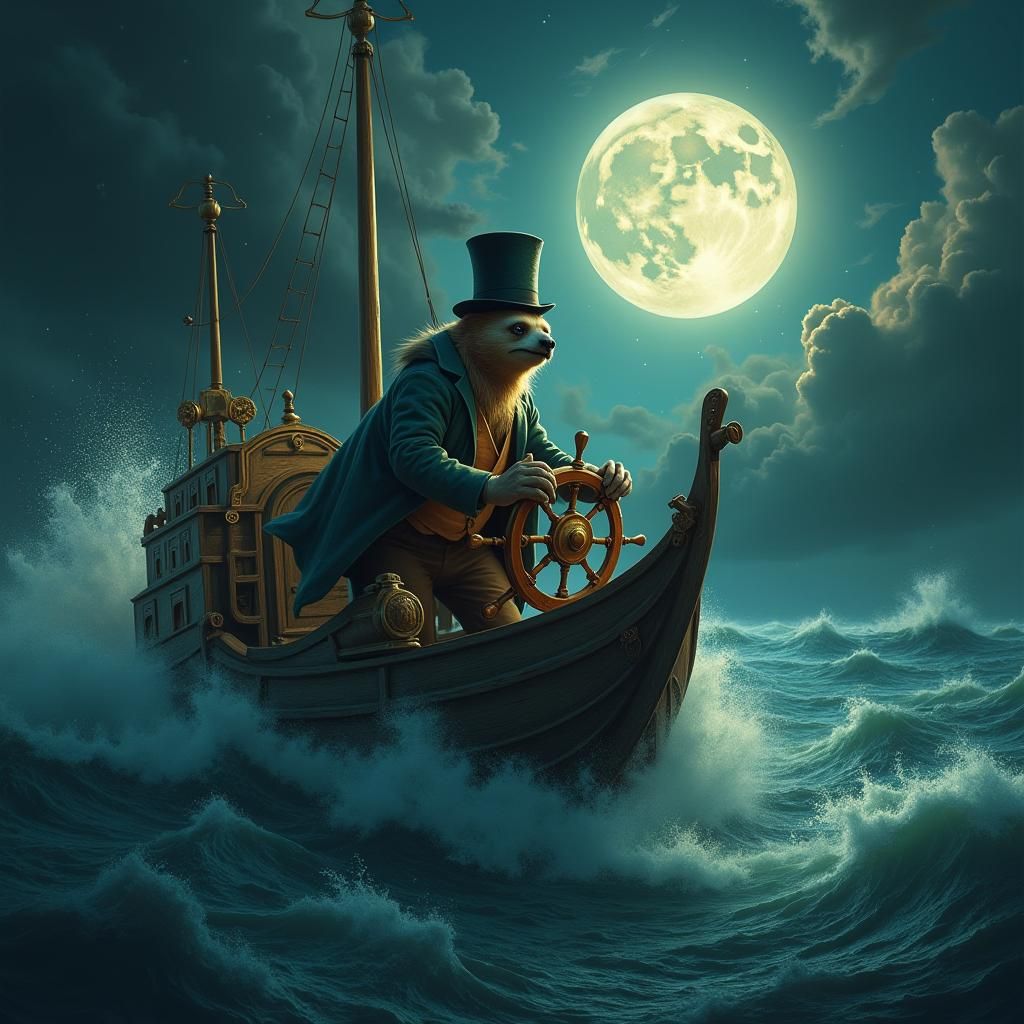 Sloth Captain Navigating Stormy Seas: Fantasy Concept Art