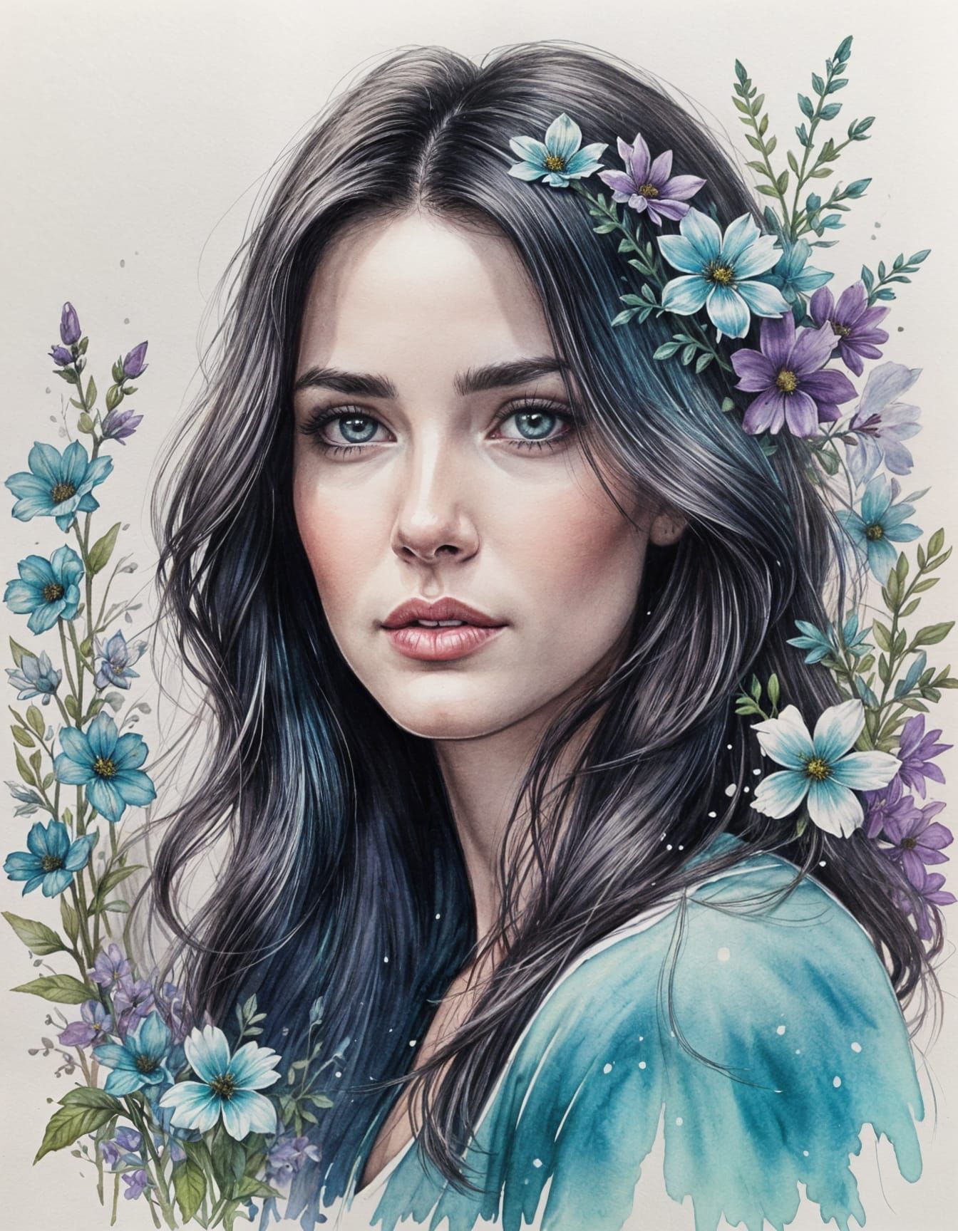 Pretty Woman Sketch with Spring Flowers and Moonlight