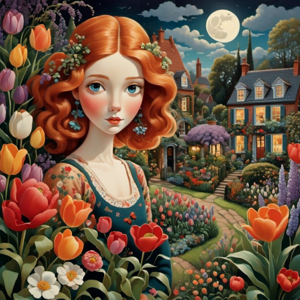 Dutch Woman in Midnight Garden, Gouache Illustration
