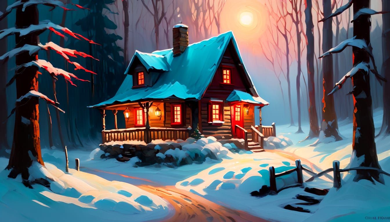 Expressionist Oil Painting of Cozy Winter Cottage