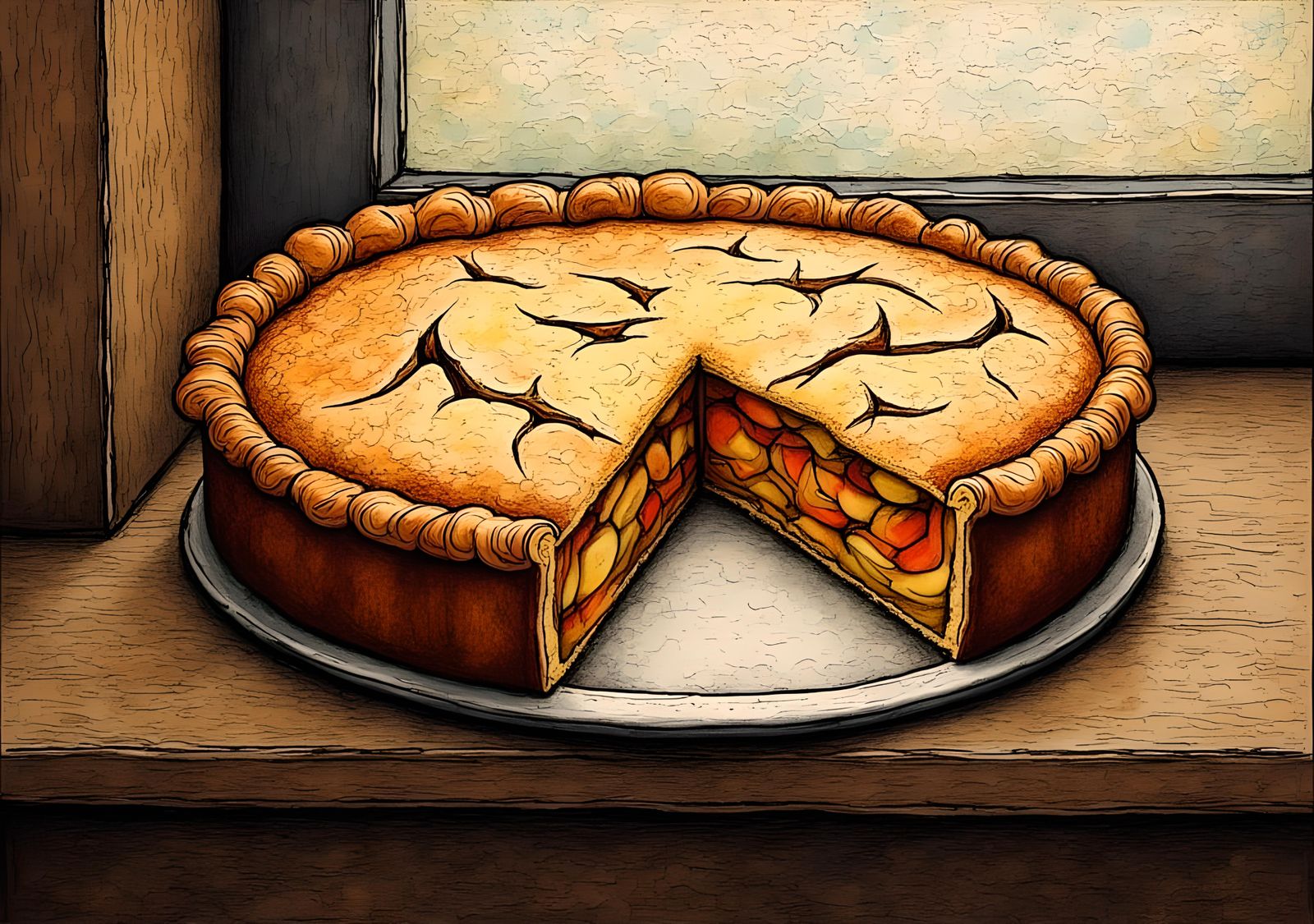 Hyperdetailed Apple Pie on a Window Sill