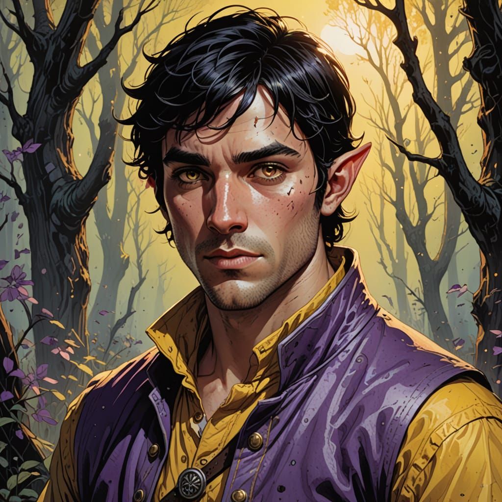Melancholic Half-Elf Bard in Comic Book Style