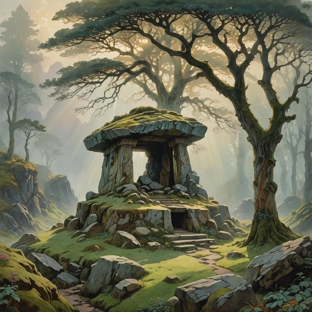 Mystical Dolmens in Fog, Detailed Fantasy Art