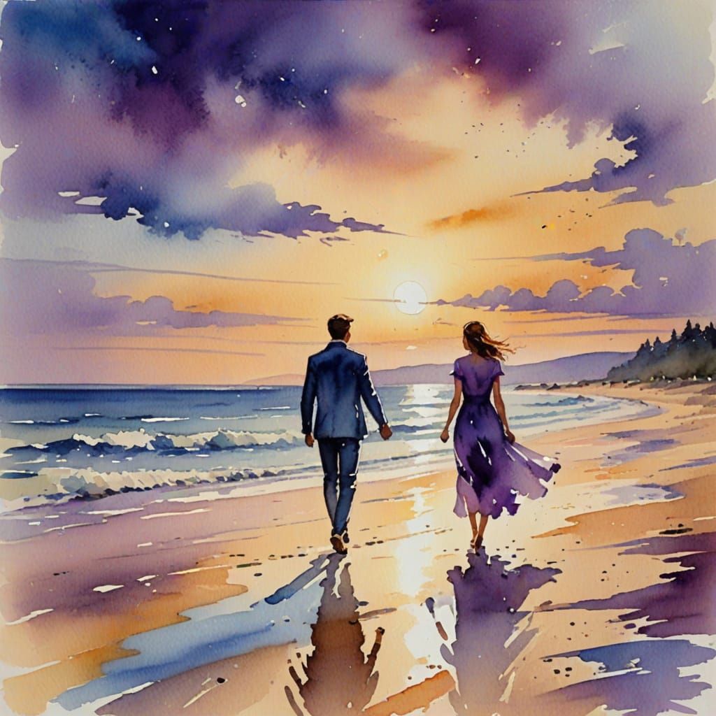 Romantic Couple on Beach Under Starry Sky Watercolor