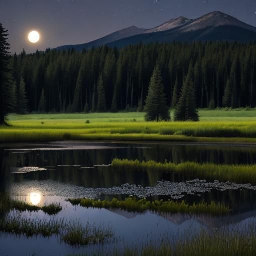 Horse at Moonlit Pond in Montana Meadow