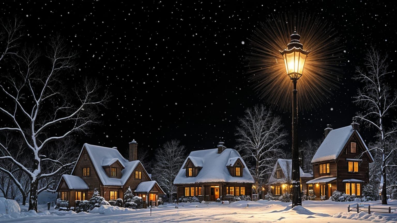Illuminated Lamp Post Lights Up Homes at Night