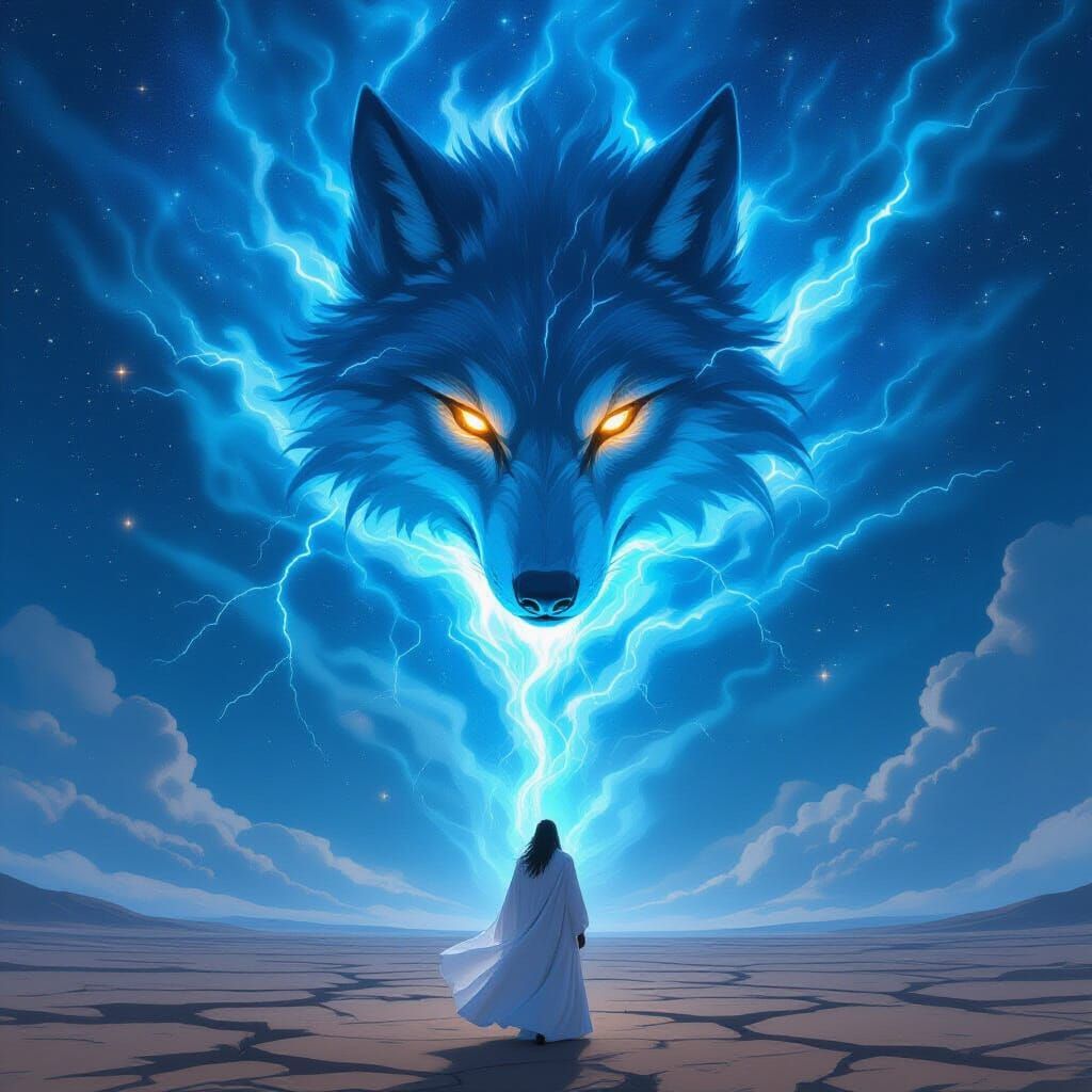 Ethereal Wolf Under Starry Sky in Cosmic Art Style