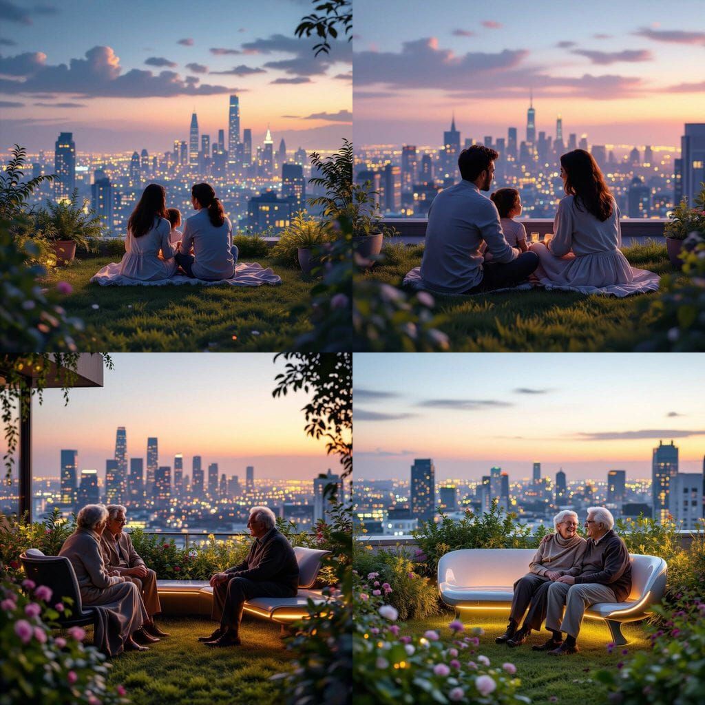Future Memory: Family on Verdant Rooftop Overlooking Futuris...