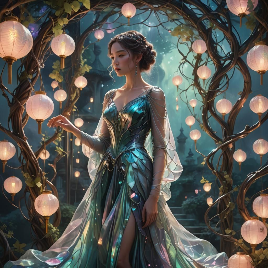 Iridescent Gown in Dreamlike Fantasy Setting