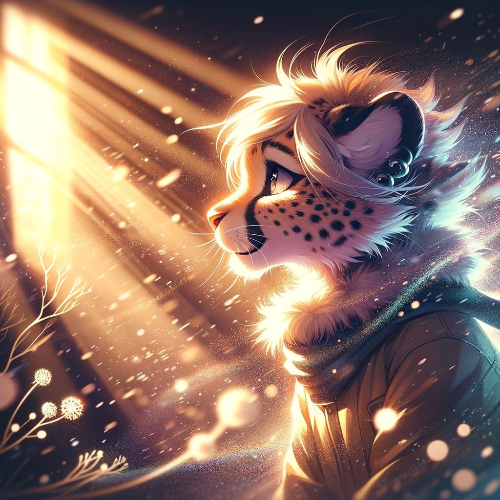 Anthropomorphic Cheetah Girl Lost in Music