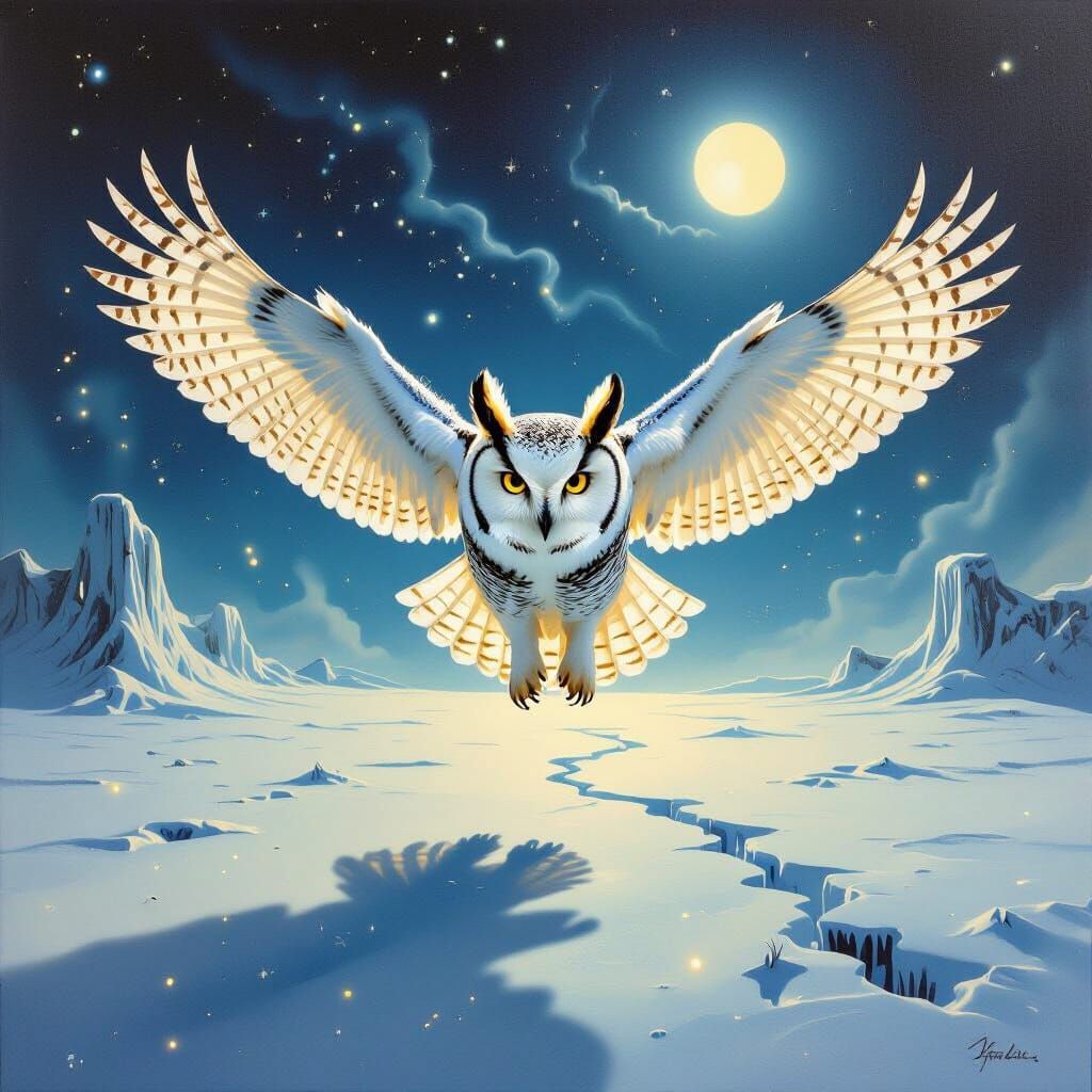 Surreal White Owl Flying on Snowy Night in Dali Style