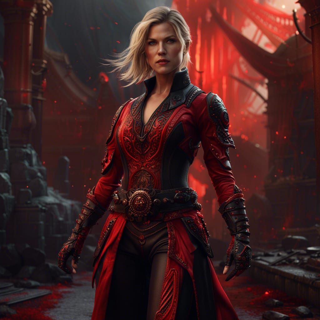 Woman in Red and Black Outfit: Fantasy Concept Art