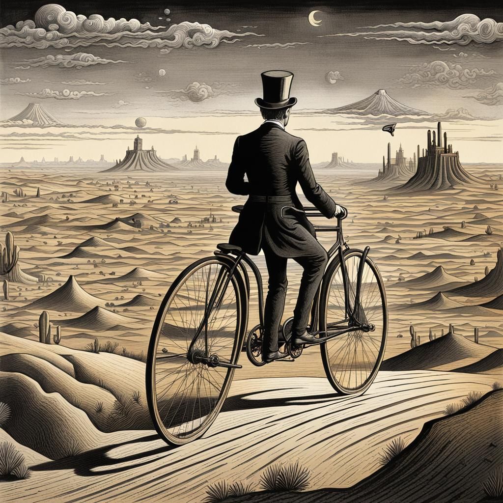 Surreal Cyclist in Desert Landscape: Scratchboard Illustrati...
