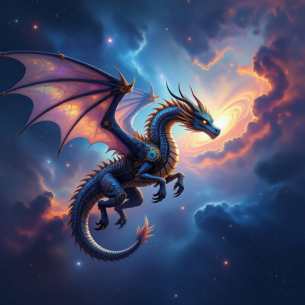 Clockwork Dragon Soars Through Cosmic Nebula
