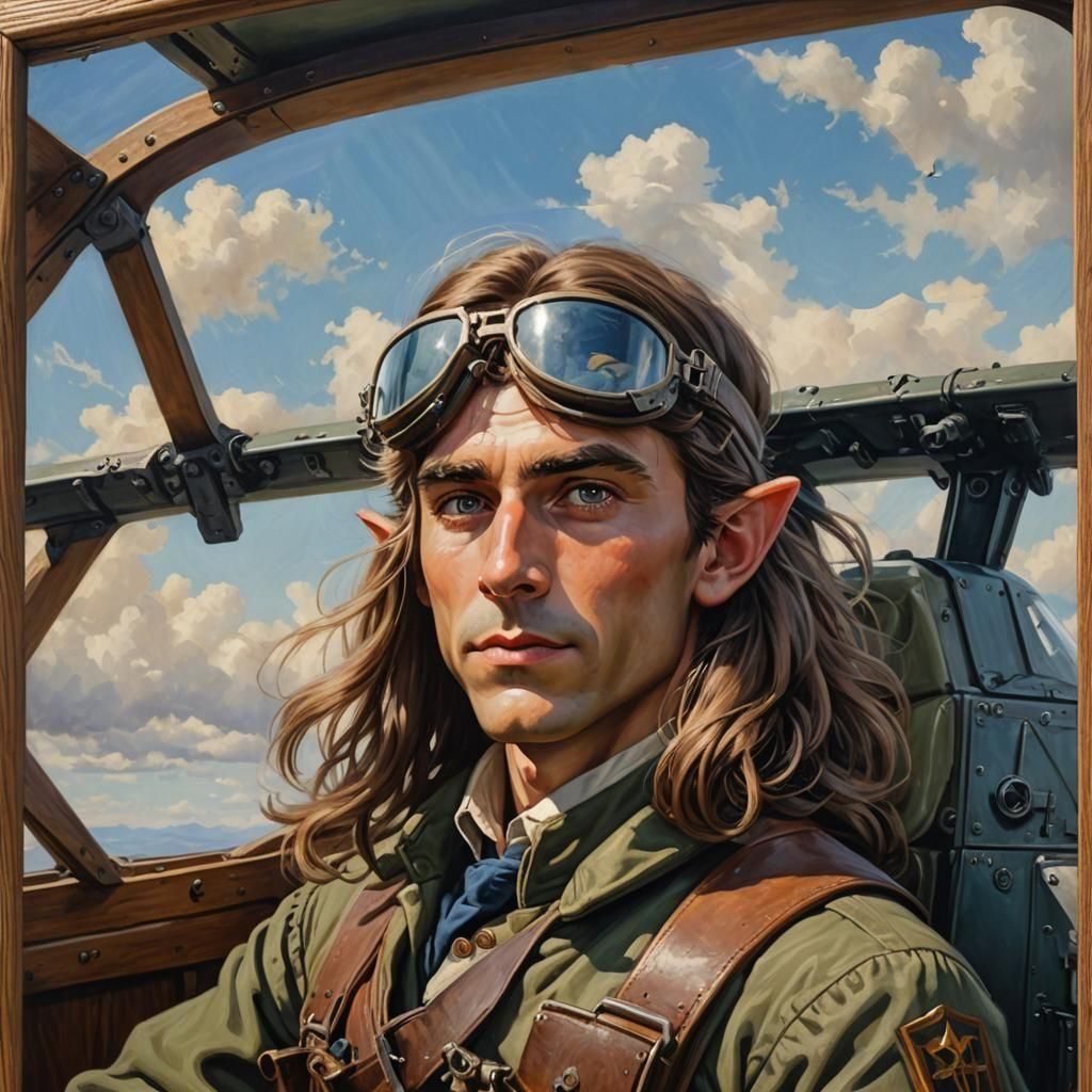 Elven Fighter Pilot Soaring in a Blue Sky