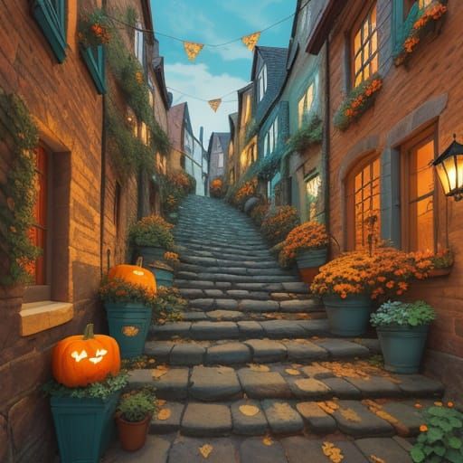 Autumnal Cobblestone Street in Quaint European Village