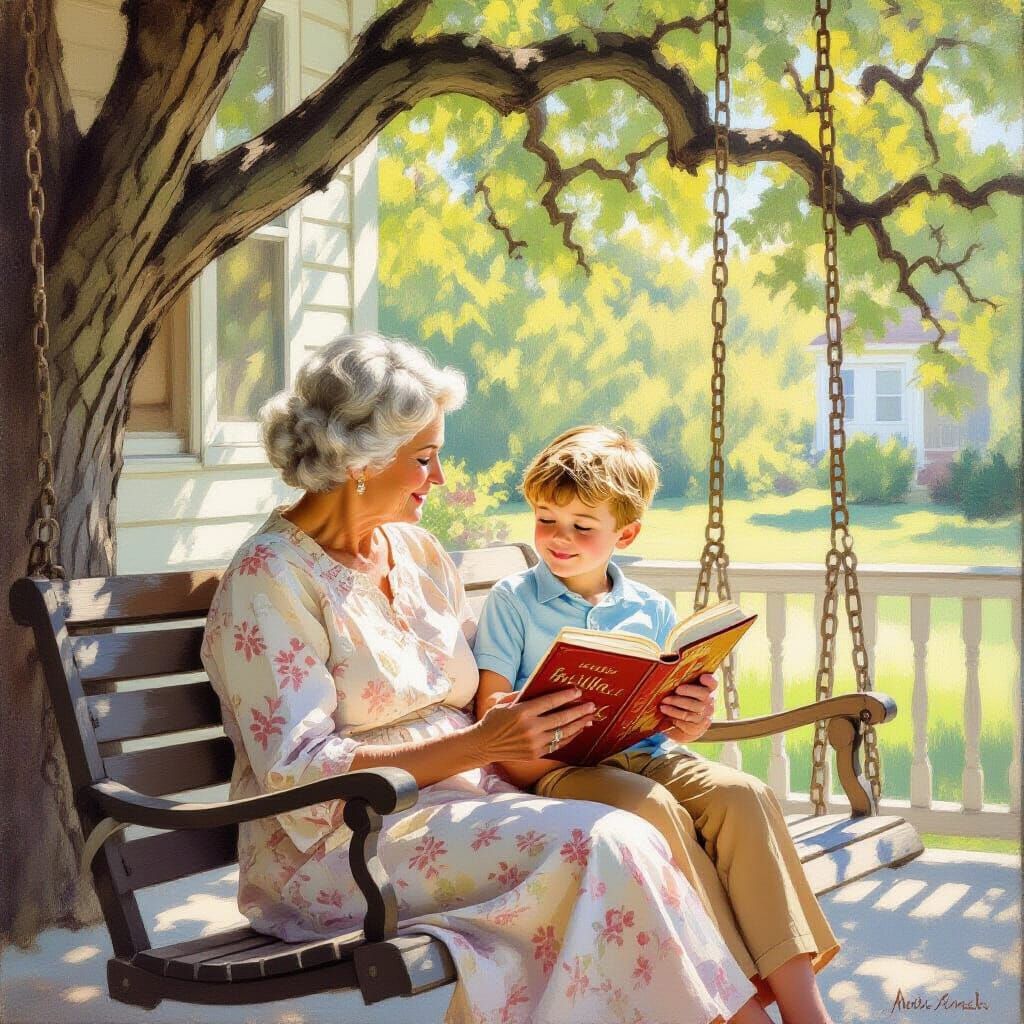 Grandmother and Grandson on Porch Swing in Mid-Century Setti...