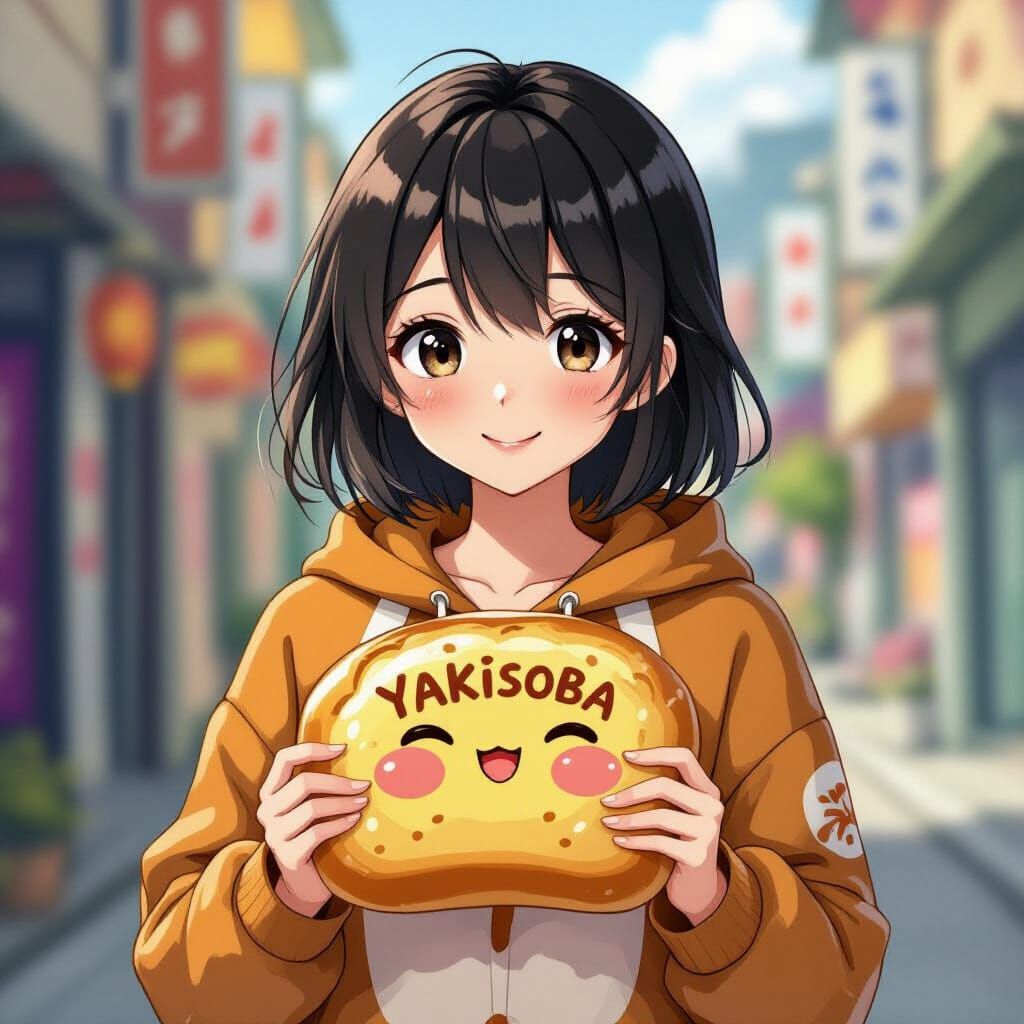 Cute Anime Woman in Yakisoba Bread Onesie