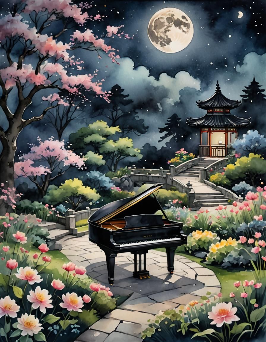 Serene Night Garden: Piano Under Moonlight