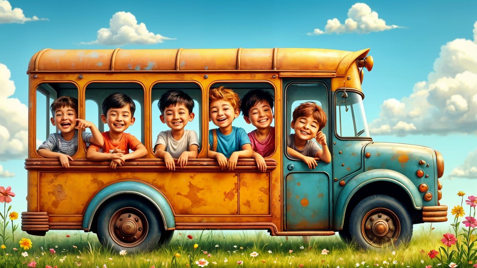Cheerful Caricature of a Kids Bus