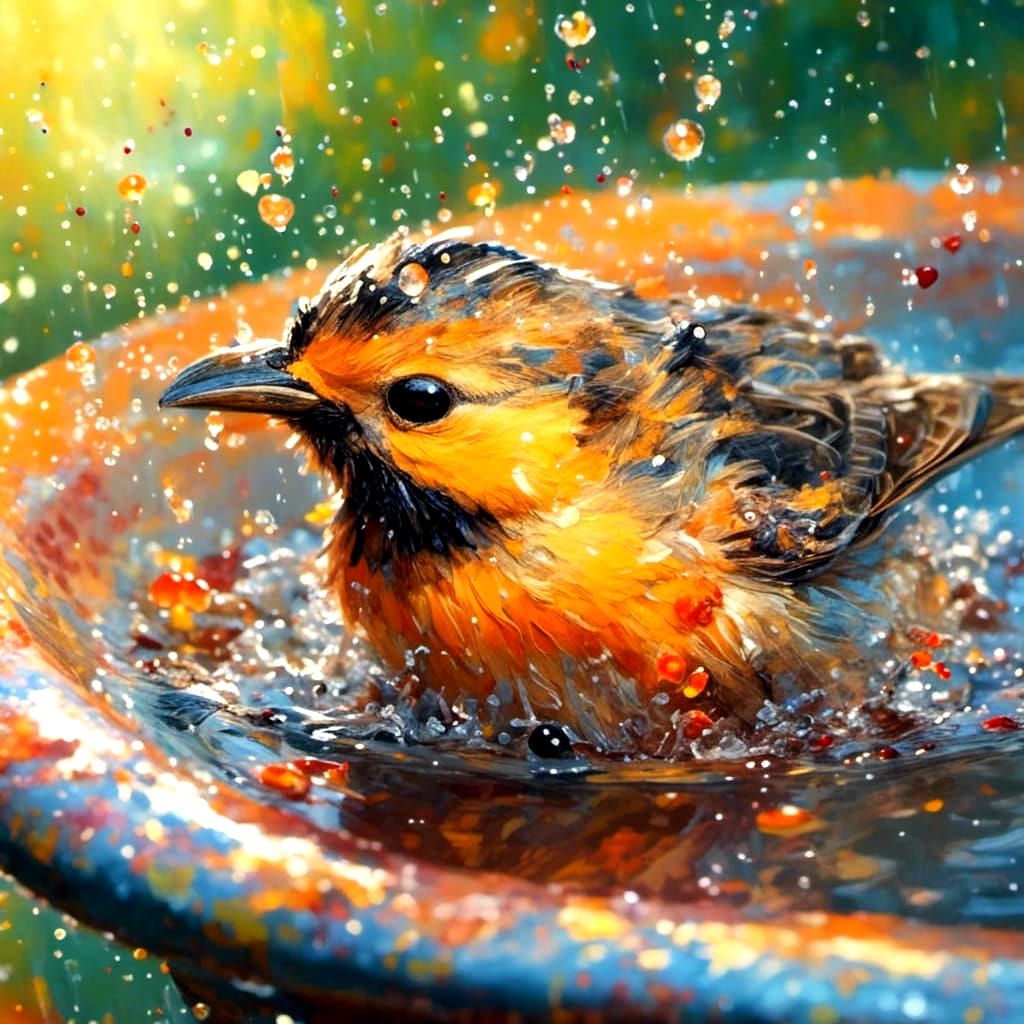 Baby Bird's Summer Bath in Vivid Colors