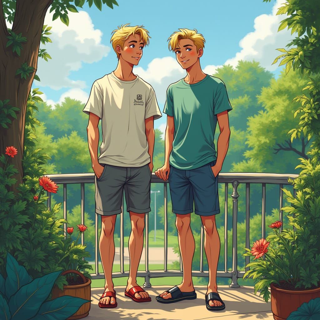 Two Young Men Overlooking Park in Whimsical Style