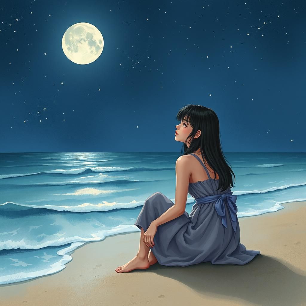 Contemplative Woman on Moonlit Beach in Watercolor Style