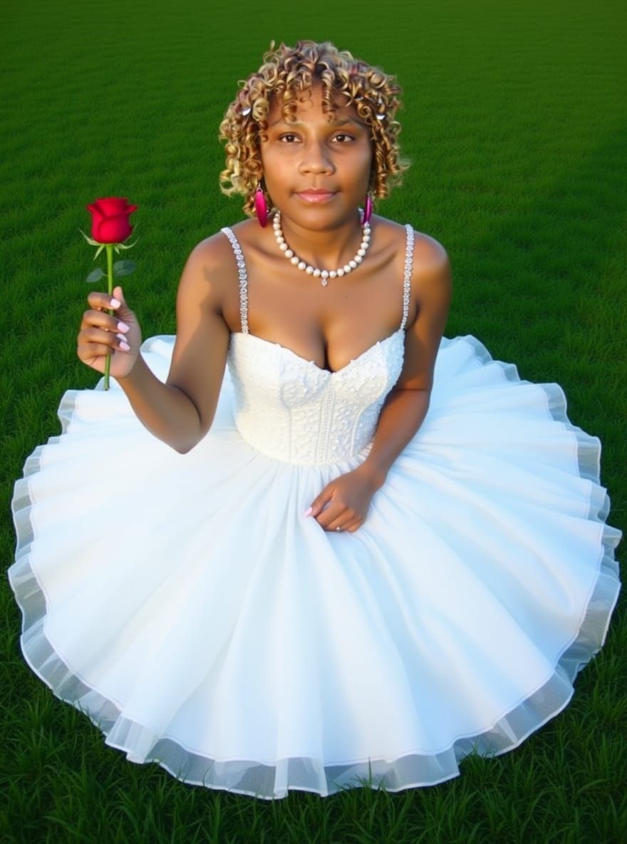 Woman in Bridal Dress Holding Rose on Green Grass